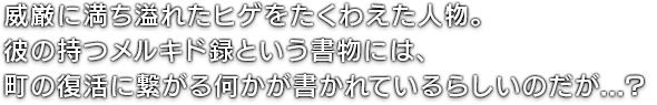 威厳に満ち溢れたヒゲをたくわえた人物。彼の持つメルキド録という書物には、町の復活に繋がる何かが書かれているらしいのだが...?