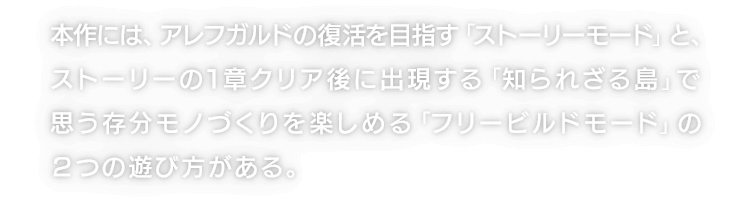 本作には、アレフガルドの復活を目指す「ストーリーモード」と、ストーリーの１章クリア後に出現する「知られざる島」で思う存分モノづくりを楽しめる「フリービルドモード」の２つの遊び方がある。