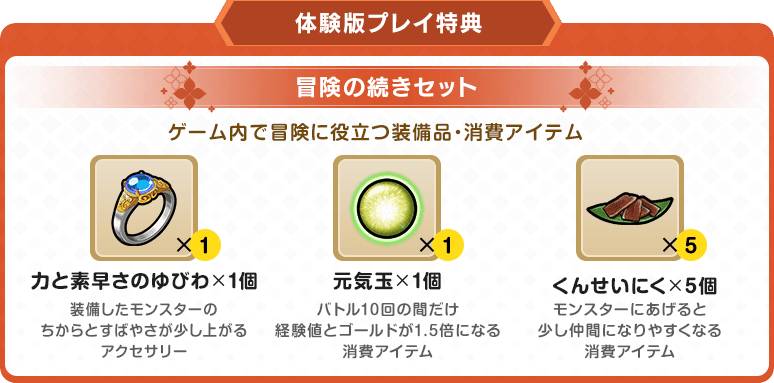 ＜体験版プレイ特典＞冒険の続きセット　ゲーム内で冒険に役立つ装備品・消費アイテム
