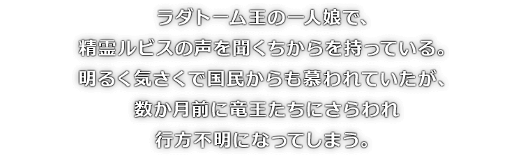 ラダトーム王の一人娘で、精霊ルビスの声を聞くちからを持っている。明るく気さくで国民からも慕われていたが、数か月前に竜王たちにさらわれ行方不明になってしまう。