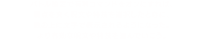 バトル設定で有利コマンドをオンにすれば、弱点を突く呪文や特技を選択したときに、敵の上に文字で表示されるようになった。より有効な呪文や特技を選んでいこう。