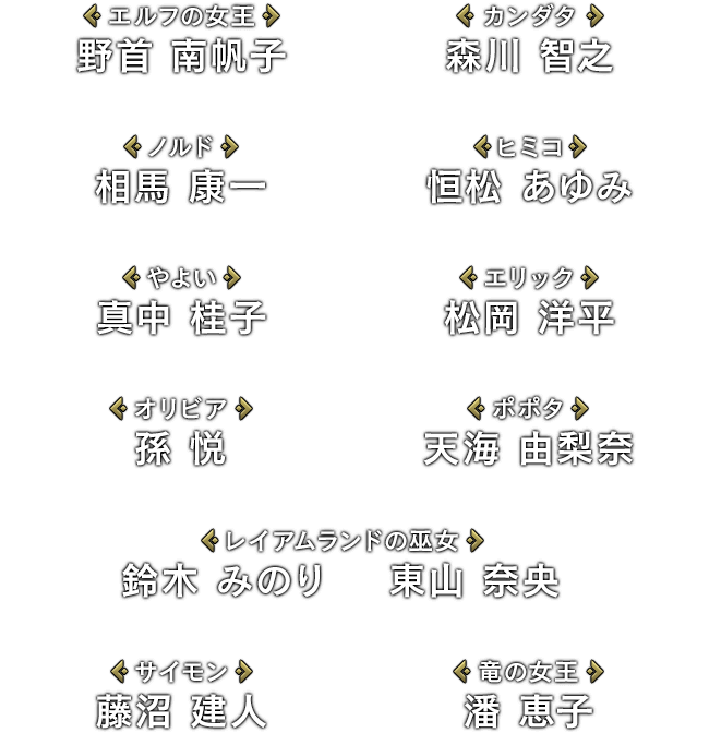[エルフの女王]野首 南帆子 / [カンダタ]森川 智之 / [ノルド]相馬 康一 / [ヒミコ]恒松 あゆみ / [やよい]真中 桂子 / [エリック]松岡 洋平 / [オリビア]孫悦 / [ポポタ]天海 由梨奈 / [サイモン]藤沼 建人 / [レイアムランドの巫女]鈴木 みのり　東山 奈央 / [竜の女王]潘 恵子