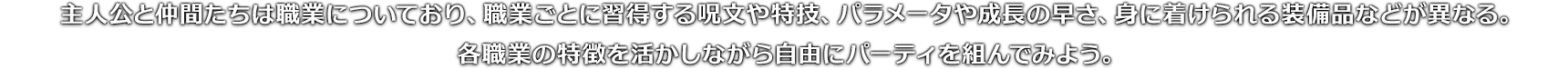 主人公と仲間たちは職業についており、職業ごとに習得する呪文や特技、パラメータや成長の早さ、身に着けられる装備品などが異なる。各職業の特徴を活かしながら自由にパーティを組んでみよう。