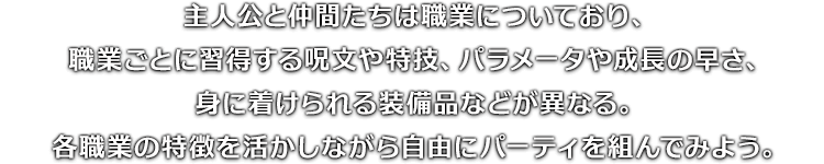 主人公と仲間たちは職業についており、職業ごとに習得する呪文や特技、パラメータや成長の早さ、身に着けられる装備品などが異なる。各職業の特徴を活かしながら自由にパーティを組んでみよう。