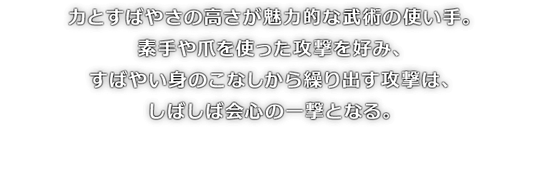 力とすばやさの高さが魅力的な武術の使い手。素手や爪を使った攻撃を好み、すばやい身のこなしから繰り出す攻撃は、しばしば会心の一撃となる。
