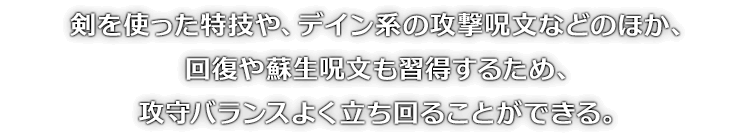 剣を使った特技や、デイン系の攻撃呪文などのほか、回復や蘇生呪文も習得するため、攻守バランスよく立ち回ることができる。