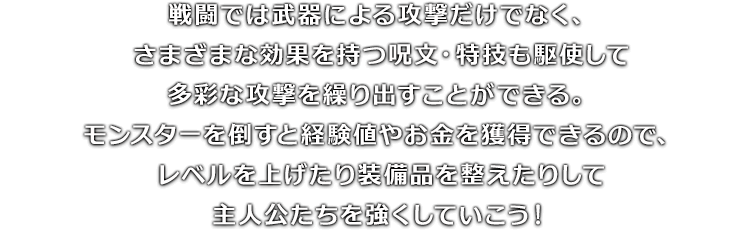 戦闘では武器による攻撃だけでなく、さまざまな効果を持つ呪文・特技も駆使して多彩な攻撃を繰り出すことができる。モンスターを倒すと経験値やお金を獲得できるので、レベルを上げたり装備品を整えたりして主人公たちを強くしていこう！