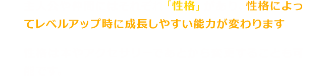 主人公や仲間にはそれぞれ「性格」があり、性格によってレベルアップ時に成長しやすい能力が変わります。性格は本やアクセサリーであとから変更することも可能です。